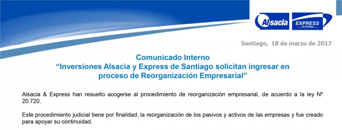Inversiones Alsacia y Express de Santiago solicitan ingresar en proceso de Reorganización Empresarial